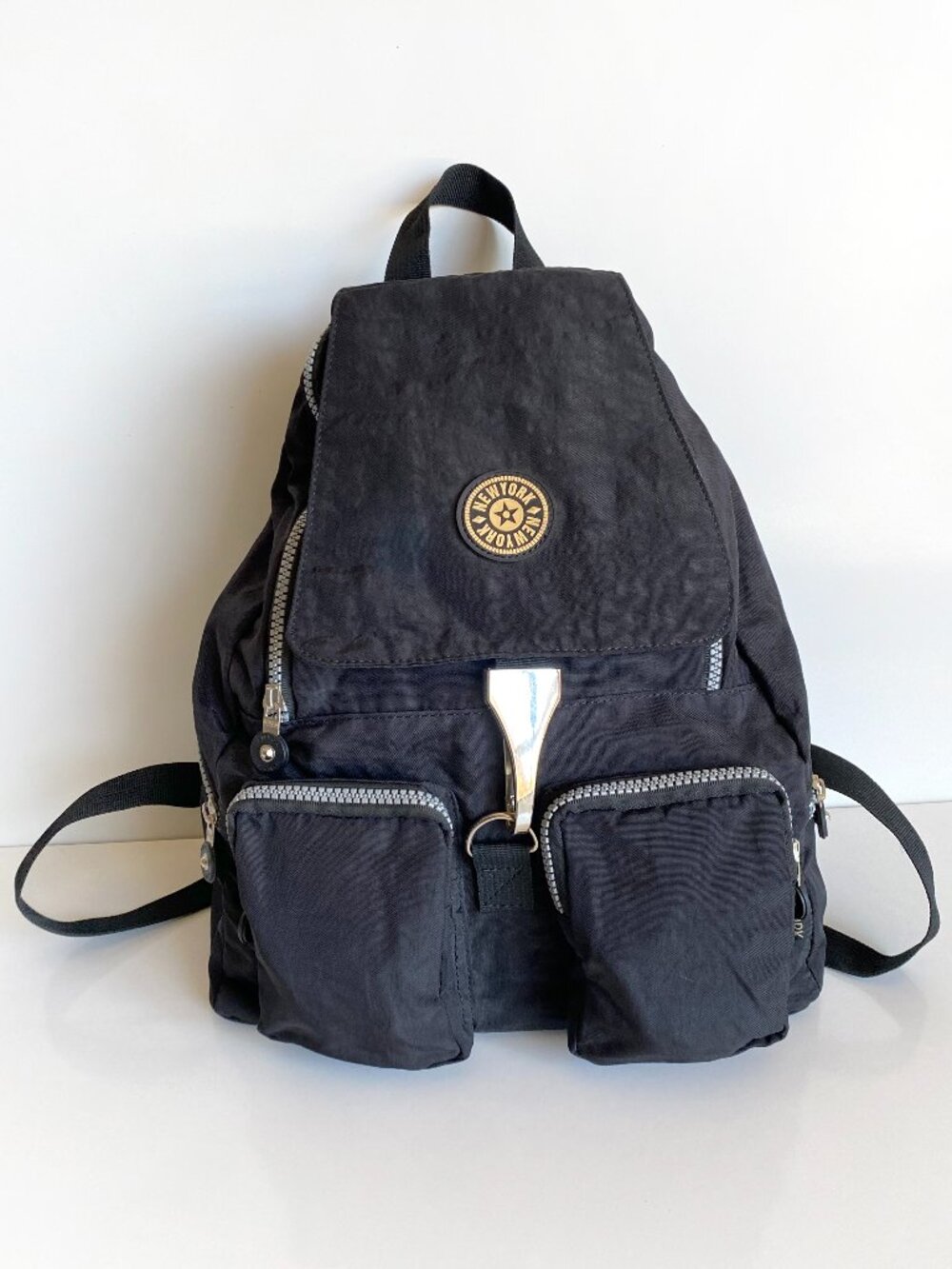 Vintage New York Backpack Black Nylon Multi Pocket Drawstring Travel Bag